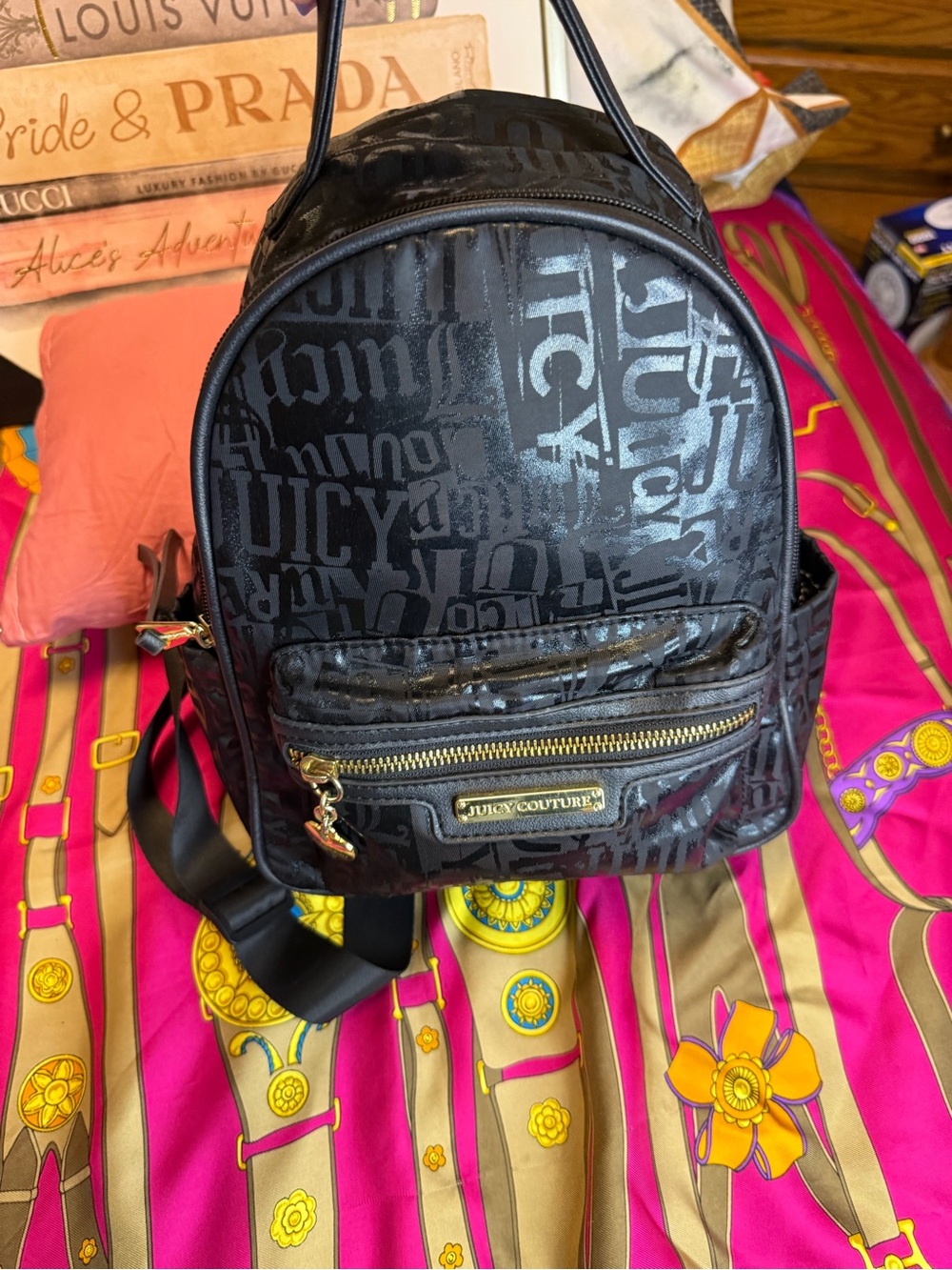 Juicy Couture Black Logo Print Mini Backpack with Gold Heart Charm